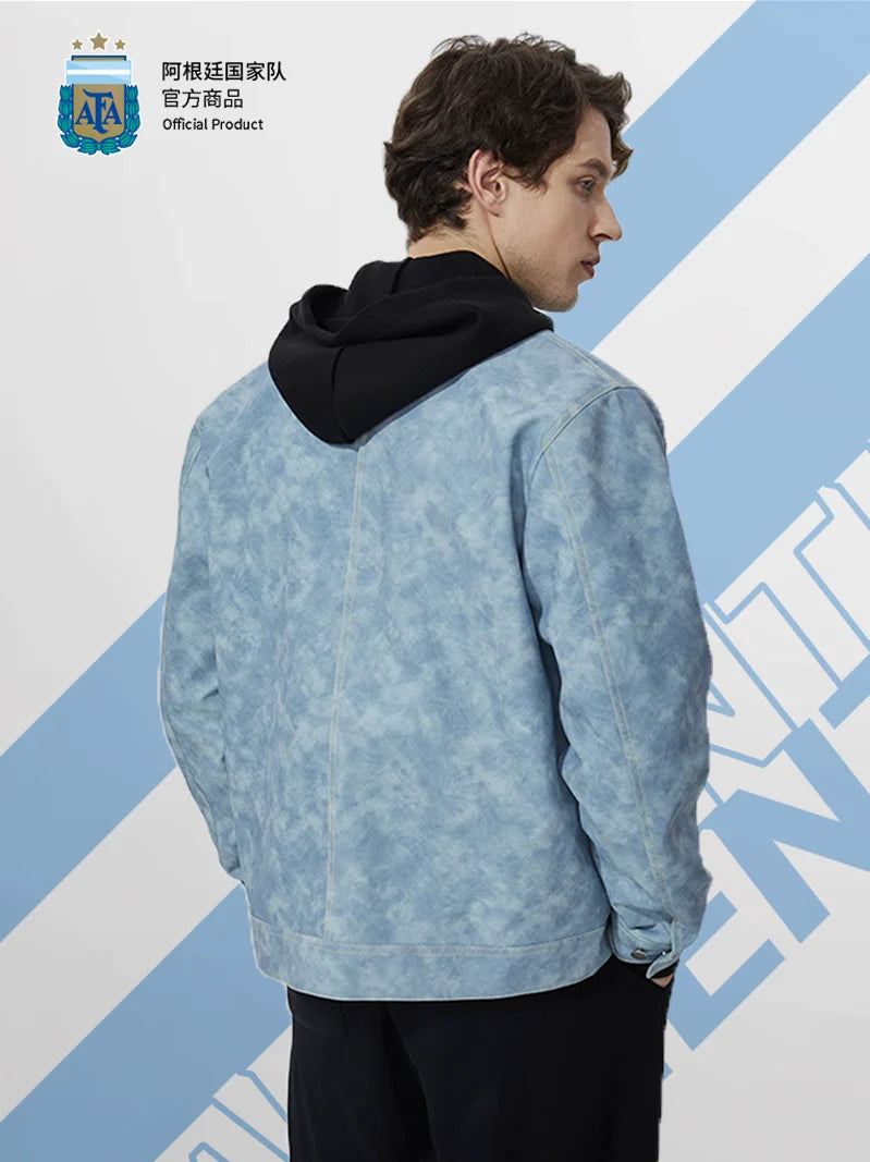 [Official Genuine] Argentina National Team|Tie-dye fog blue PU jacket casual fashion versatile defense