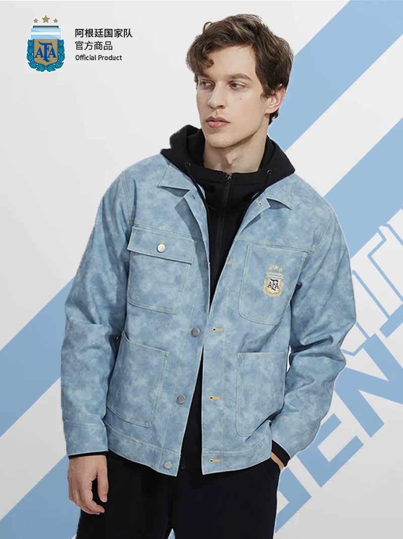 [Official Genuine] Argentina National Team|Tie-dye fog blue PU jacket casual fashion versatile defense