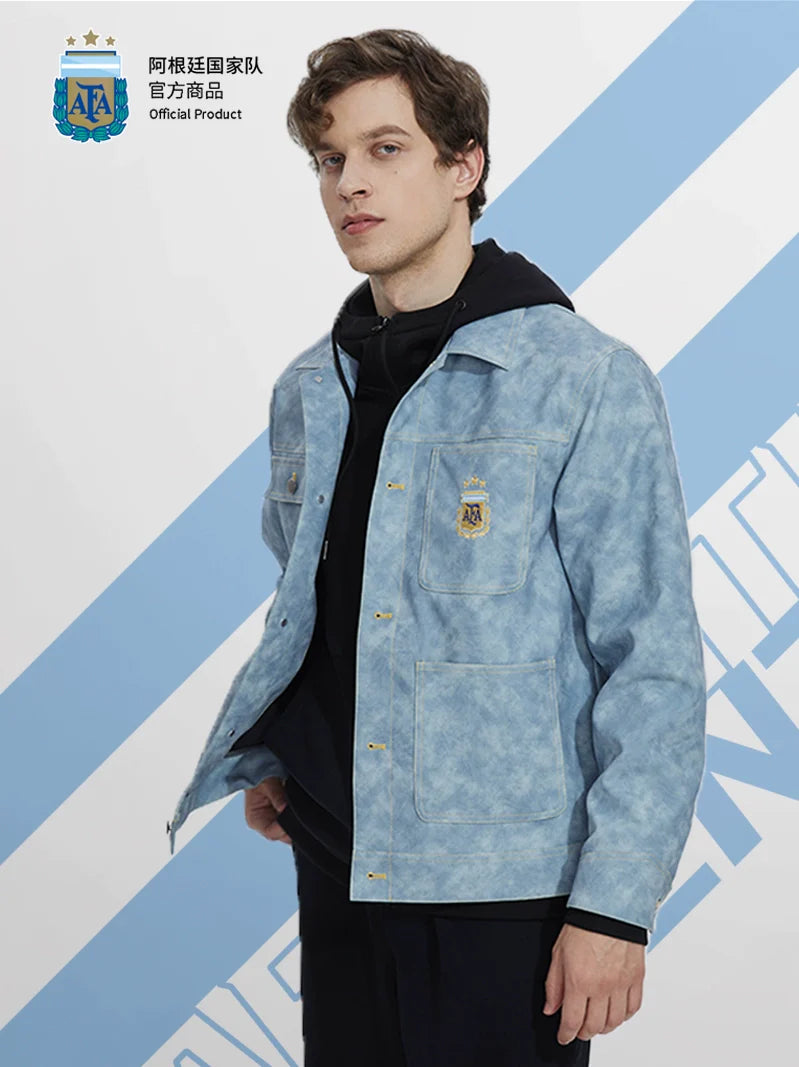 [Official Genuine] Argentina National Team|Tie-dye fog blue PU jacket casual fashion versatile defense