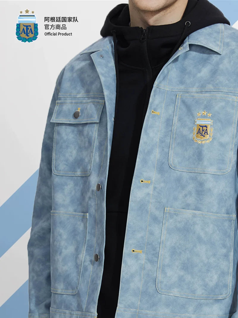 [Official Genuine] Argentina National Team|Tie-dye fog blue PU jacket casual fashion versatile defense