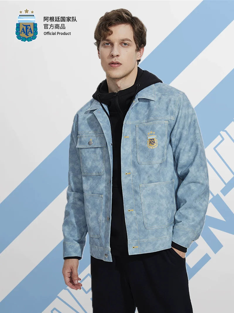 [Official Genuine] Argentina National Team|Tie-dye fog blue PU jacket casual fashion versatile defense