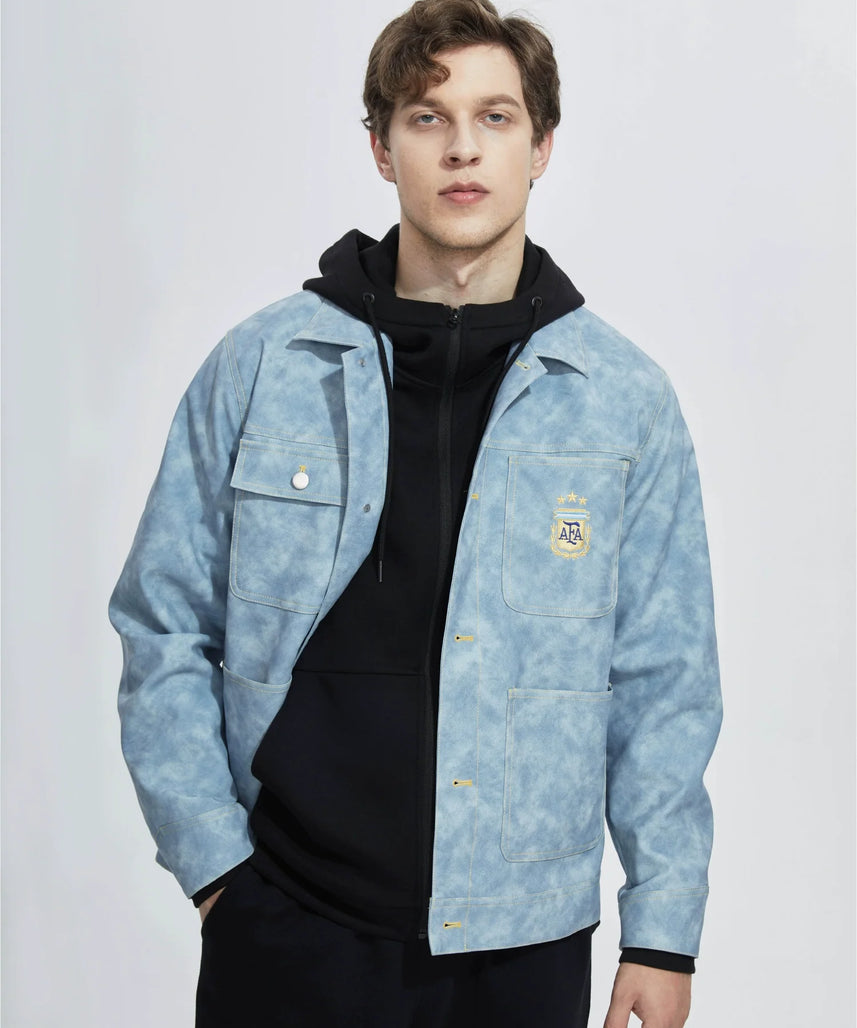 [Official Genuine] Argentina National Team|Tie-dye fog blue PU jacket casual fashion versatile defense