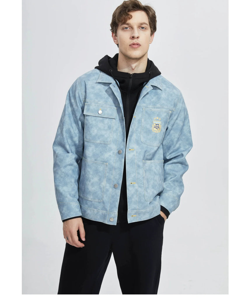 [Official Genuine] Argentina National Team|Tie-dye fog blue PU jacket casual fashion versatile defense