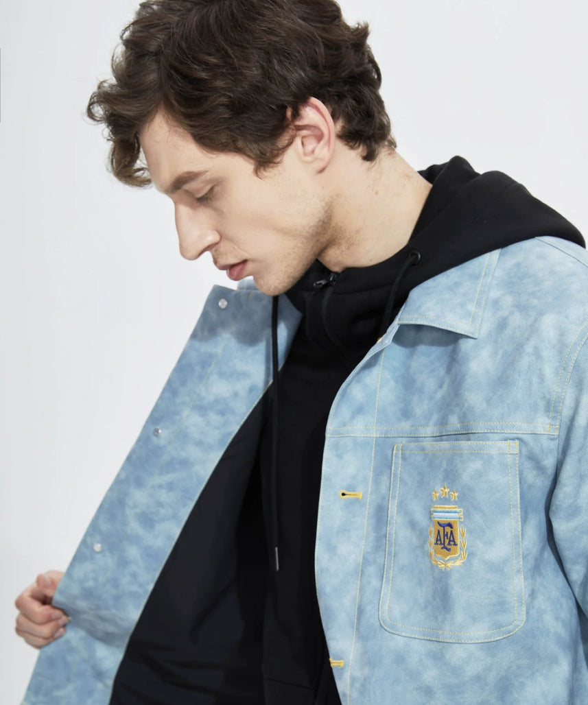 [Official Genuine] Argentina National Team|Tie-dye fog blue PU jacket casual fashion versatile defense